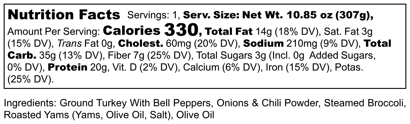FIT - Turkey- Yams & Broccoli - Nutrition Label
